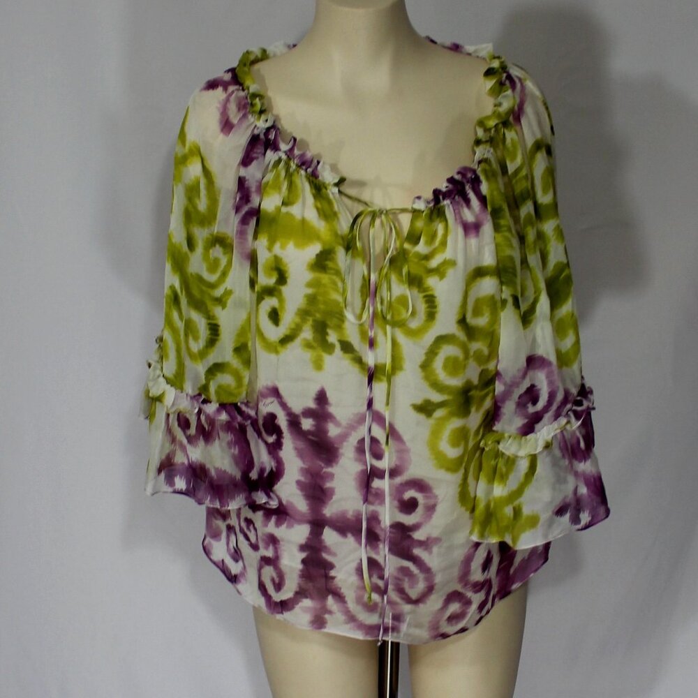 Milly  silk lined  Roll Tab Three Quarter Ruffle Sleeve Blouse boho White size 8